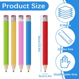 CRITIVE-SHOP Giant Wooden Pencils 34 cm, Oversized Jumbo Pencils with Cap Eraser, Funny Large Pencils Toy Large Drawing Writing Mark Pens for Prop Gifts Decor Pack of 5