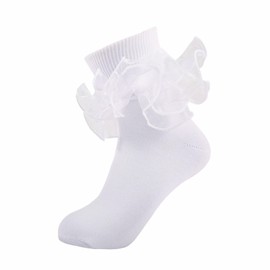 MKYSZLT Girls Ruffle Socks Toddler Girl Frilly Dress Socks Double Lace Big Ruffles Fold Over Church Fancy Sock for Baby Kids (US, Age, 8 Years, 10 Years, white - 1 pair)