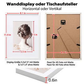 Egofine A4 Picture Frame, Wooden Frame with Acrylic Glass, MDF Frame, Mat for A5 Photos, Certificate Frame for Table and Wall Mounting, 21 x 29.7 cm, Poster Frame for Portrait, White