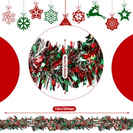 Dingion Guirnalda Navideña de Oropel de 59 Pies Guirnalda Metálica Retorcida Adornos de Guirnalda Colgante Brillante para Suministros de Fiesta Árbol de Navidad (Rojo Verde Plata)