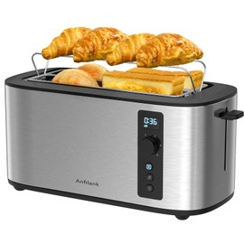 Anfilank Toaster 4 Slice with Countdown Timer, Extra Wide Slots for Bagels and Waffles, 6 Browning Settings, Removable Crumb Tray, Stainless Steel