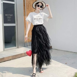Geagodelia F-46572 Women's Elegant Soft Long Summer Skirt Maxi Skirt Vintage Tutu Ruffle Tulle Skirt One Size 36/38/40, black