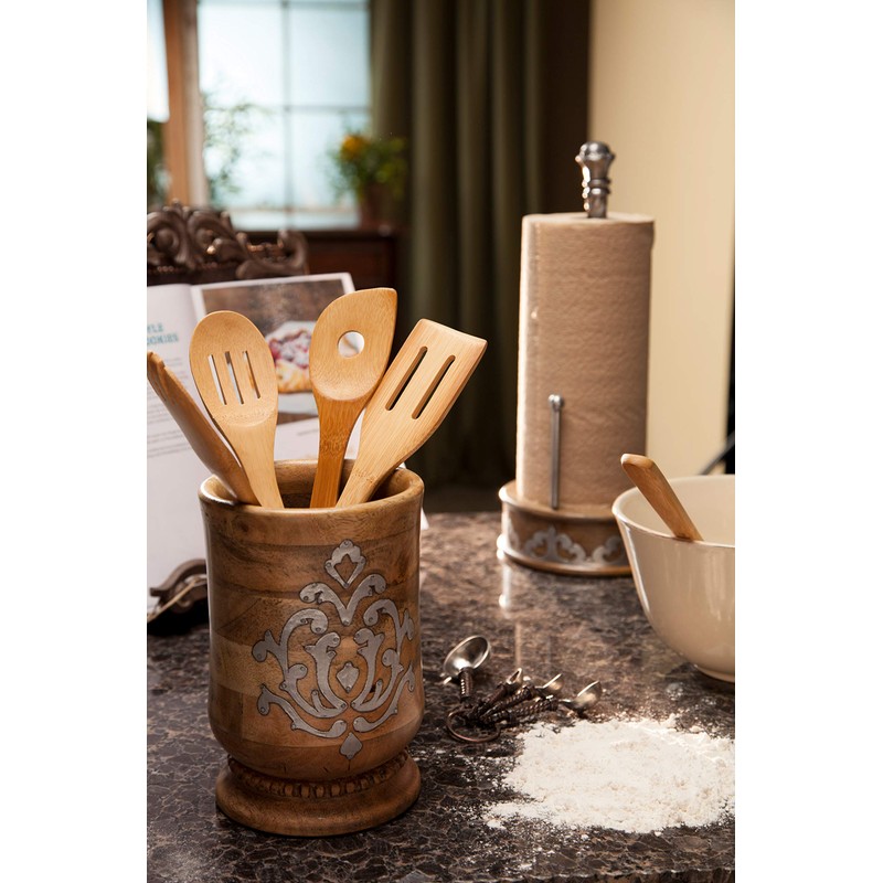8.25-Inch Tall Wood and Metal Inlay Heritage Collection Utensil Holder