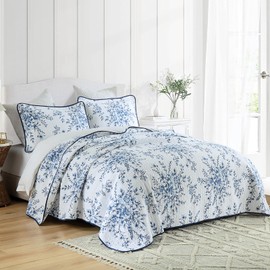 QuiltMuse Blue Quilts Queen Size - 100% Cotton Quilt Set with Matching Shams, Botanical Floral Design Farmhouse Bedspread, 3 Pieces Summer Lightweight Coverlet Set for All Season, 90"x98"