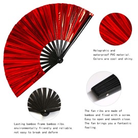 Shemboli Large Clack Hand Rave Fan Holographic Folding Popping Line Dance Fan Foldable Handheld Clacking Fans for Line Dancing Craft Rave Accessories for Festival Rainbow Outfits Party Club(Red)