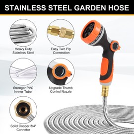 Metal Garden Hose 75ft, Stainless Steel Water Hose 75ft with 10 Function Sprayer Nozzle, Leaf-Proof Kink Free Heavy Duty Lightweight for Outdoor,Yard,Lawn,Patio, Car
