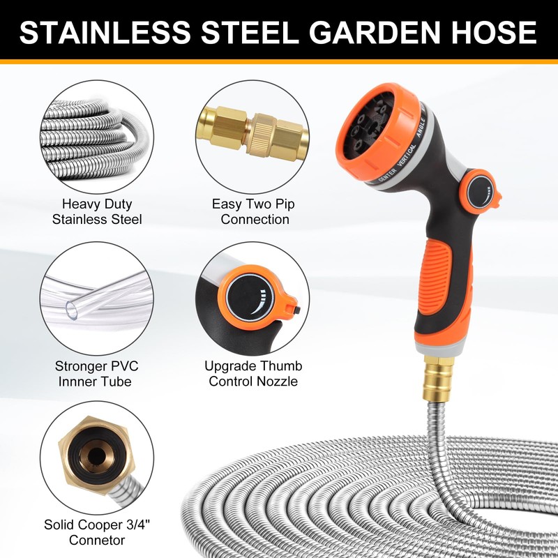 Metal Garden Hose 75ft, Stainless Steel Water Hose 75ft with