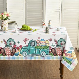 Horaldaily Easter Tablecloth 52×70 Inch, Truck Gnome Easter Eggs Washable Table Cover for Party Picnic Dinner Decor