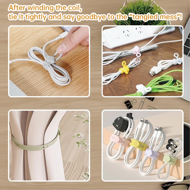 YANGMUM 24pcs Silicone Cable Ties Reusable, Cord Organizer, 4 Styles