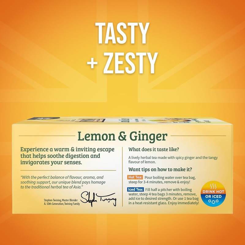 Twinings Lemon & Ginger Herbal Tea Individually Wrapped Bags, 100
