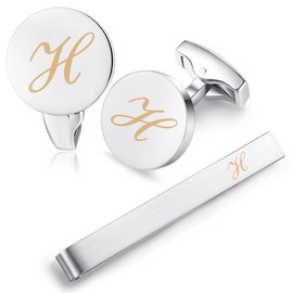 Honey Bear Initial Alphabet Letter Mens Cufflinks Tie Clips Set Silver (H)