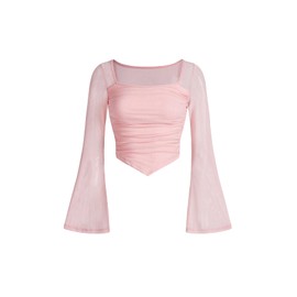 Floerns Girls Bell Long Sleeve Square Neck Asymmetrical Hem Mesh Ruched Crop Tops Tees Light Pink 10-11Y