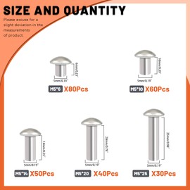 Tanstic 260Pcs M5 Solid Aluminum Brazier Head Rivets, 6mm 10mm 14mm 20mm 25mm Length Solid Aluminum Rivets for Machinery Automobile Industry