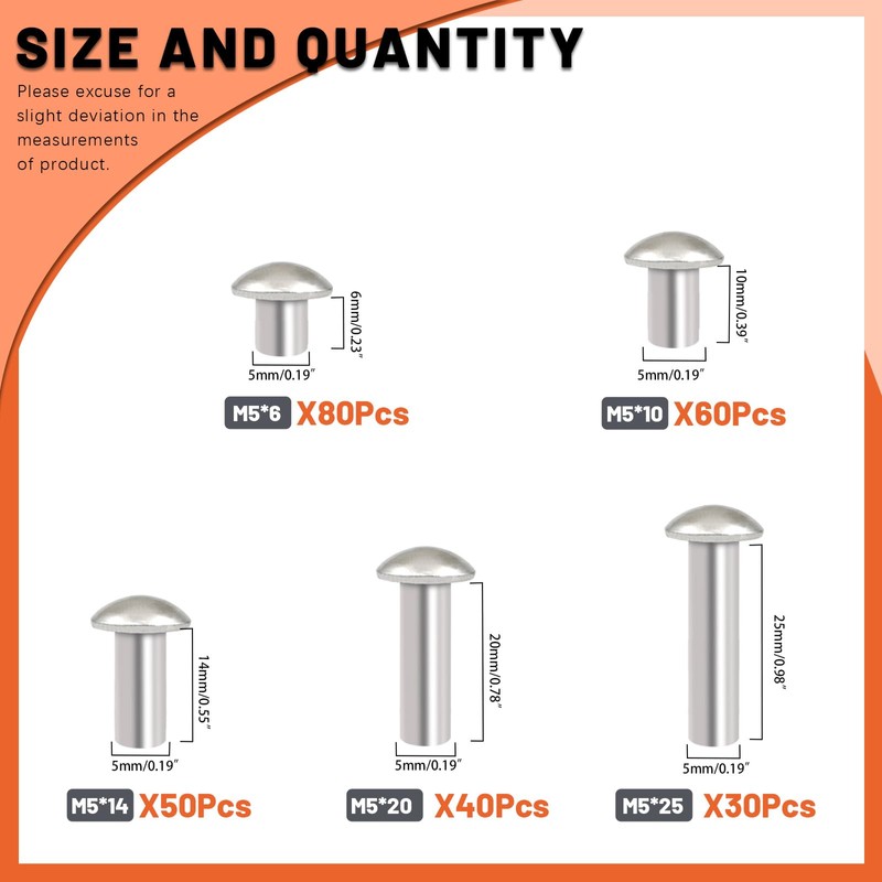 Tanstic 260Pcs M5 Solid Aluminum Brazier Head Rivets, 6mm 10mm