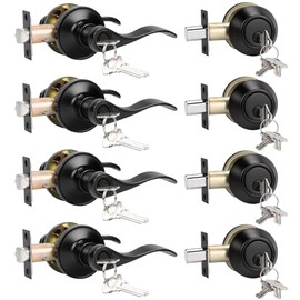 KNOBWELL 4 Pack Keyed Alike Door Lever Handle with Single Cylinder Deadbolt, Matte Black Exterior Door Knob Lock Set with Deadbolt, Front Door Entry Lever Lockset and Deadbolt Combination Set
