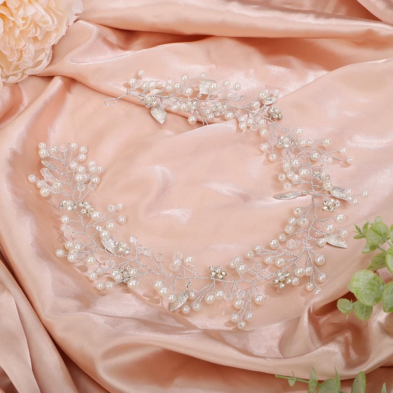 BERYUAN Women Silver Leaf Crystal Flowers Pearls Hair Vine Pearls