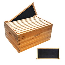 10 Frame Bee Hive Deep Box, Langstoth Deep Brood Beehive Box Dipped in 100% Beeswax, Wooden Beehive Box with Frames and Wax Foundations for Beekeeping Supplement