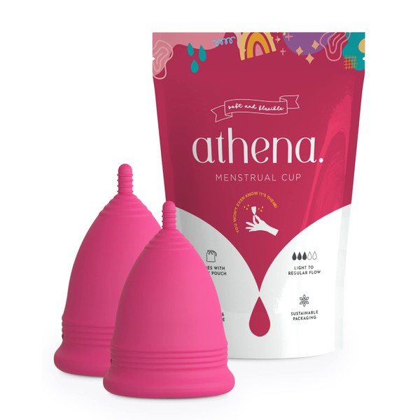 Athena Menstrual Cups 2 Pack - Large and Small Set in Solid Pink - The Original Softer Reusable Period Cup - Covers Your Light to Heavy Menstruation Days - Insert Easier with The Form Fit Rim