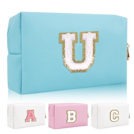 Bolsa de maquillaje con parche inicial personalizada, bolsa de chenilla con cierre, Azul/Blanco-Letra, U, Moda