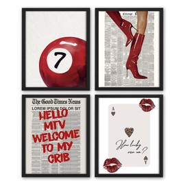NaZaUK Trendy Red Bedroom Decor, Preppy Wall Decor for Living Room, Trendy Disco 7 Ball Poster for Women Room, Aesthetic Room Decor for Girly Bedroom College Dorm Decor 8x10inches Set of 4