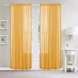 Elegant Comfort Semi-Sheer Pom Pom Tassels Curtains - 2 Panels Set - with 2inch Rod Pocket - Solid Sheer Curtain Drapes for Living Room, Bedroom, W60 X L84, Neon Yellow