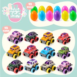 JOYIN 12 Pcs Easter Eggs Filled with Pull Back Monster Cars, Easter Trucks Cars for Kids ​Egg Hunt, Basket Stuffers Filler and Classroom Prize Supplies, Party Favors