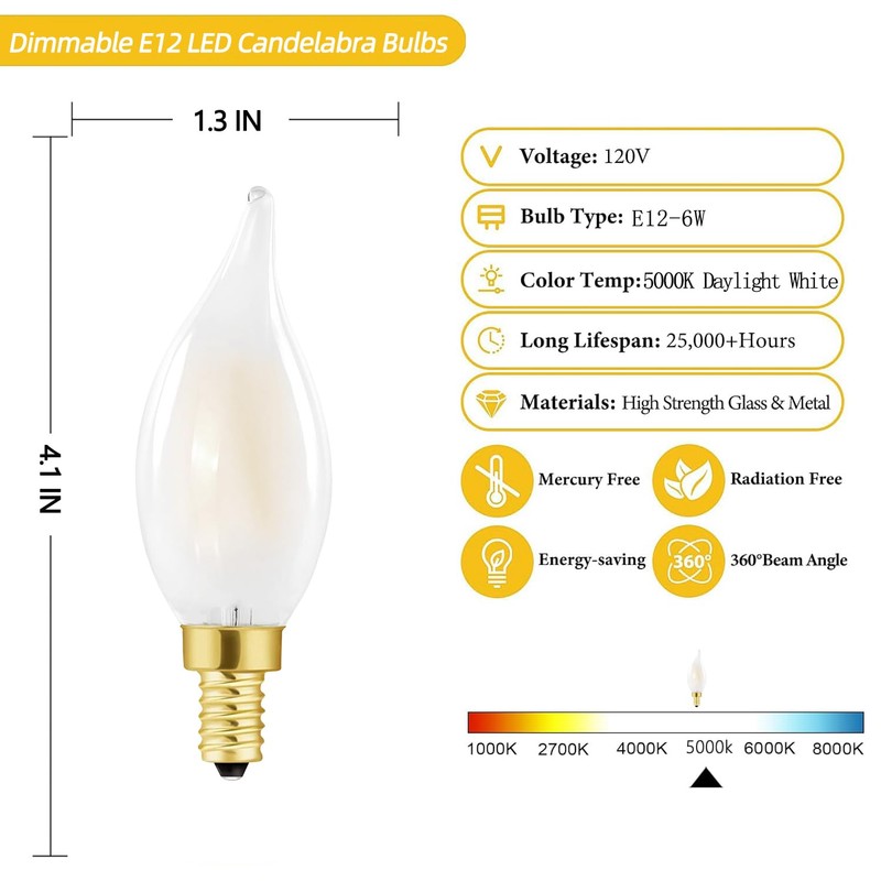 Dimmable E12 Chandelier Light Bulbs 60 Watt, Frosted Candelabra LED