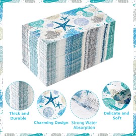 100Pcs Sea Guest Napkins 3 Ply Disposable Hand Towels for Bathroom Beach Summer Napkins Starfish Seashell Coral Disposable Paper Napkins Paper Guest Towel for Bathroom Wedding Baby Shower