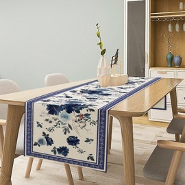 Navy Blue Flowers Linen Table Runner,Spring Floral Seasonal Dinner Table Decoration for Home Living Room Kitchen Dining Room 13x36in