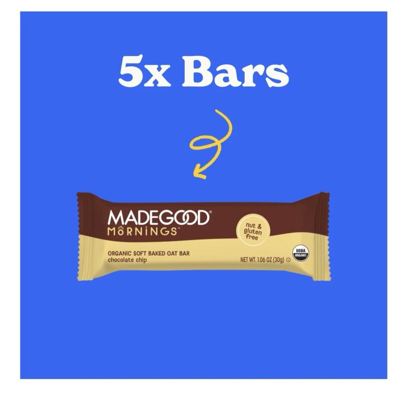 MadeGood Mornings Organic Chocolate Chip Breakfast Bars, 5 Count, 6oz