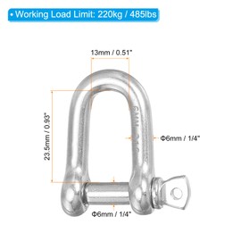 PATIKIL Screw Pin Shackle M6 1/4" 485lbs, 4 Pack 316 Stainless Steel D Ring Shackle for Chains Wire Rope Outdoor, Silver