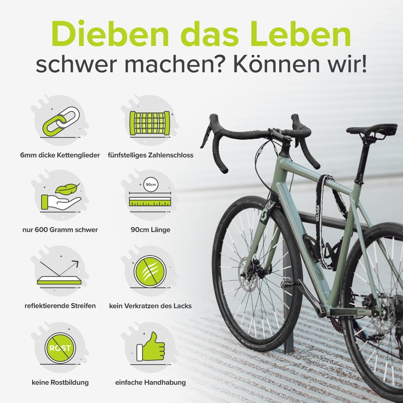 VELMIA Bicycle lock with programmable combination lock and reflector strips