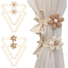 Shengsenfu 4 Pcs Boho Flower Curtain Tiebacks, Daisy Curtain Hook Set, Cute Sunflower Curtain Holders, Decorative Rope for Bedroom Draperies Decor, Cotton Holdbacks for Indoor & Outdoor Drapes Decor