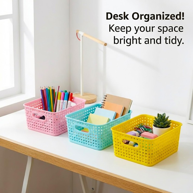 Colorful Small Plastic Storage Woven Baskets, 6 Pack Versatile Shelf
