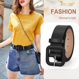 JASGOOD Women’s Leather Belt for Jeans Pants Candy Color Fashion Square Buckle Belt Ladies Belts for Dresses, Black, Fits Waist Size 30"-35"