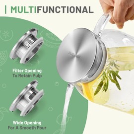 SUSTEAS 2.2 Liter 75oz Glass Pitcher with Lid, Easy Clean Heat Resistant Glass Water Carafe with Handle for Hot/Cold Beverages - Water, Cold Brew, Iced Tea & Juice, 1 Long-Handled Brush Included