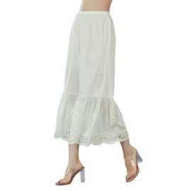 BEAUTELICATE Women’s Pettipants Pantaloons 100% Cotton Underskirt Petticoat Culottes Slip Summer Spring Loose Cropped Flared Pajama Pants Bottom with Lace Hem Cream, L