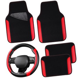 CAR PASS Faux Leather Steering Wheel Cover and Waterproof Car Floor Mats,Universal Car Combo Fit for 95% Sedan,SUV,Cars,14.5-15inch Sporty Anti-Slip Safety Comfortable Design(Black＆Red)