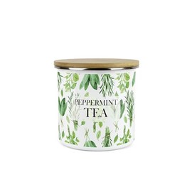 Purely Home Kitchen Herbs Peppermint Tea Storage Canister - White & Green Leaf Metal Enamel Medium Sized Food Storage Container