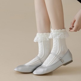 BIVOLU Womens Crew Socks Lace Ruffle Frilly Cotton Cute Princess Ankle Dress Socks for Girl 5 Pack