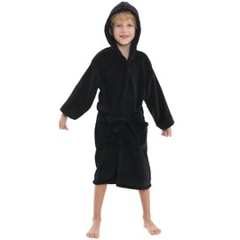 Hooded Herringbone Black Boys Fleece Comfy Robe, Long and Soft Kids Bathrobe(8-9 Year)