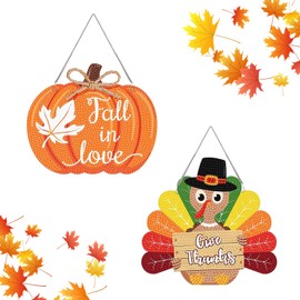 2 Pcs Fall Thanksgiving Diamond Hanging Sign DIY Thanksgiving Welcome Diamond Hanging Sign Pumpkin Maple Leaf Turkey Door Hanger Set for Autumn Thanksgiving Party Door Wall Window Decoration Gift