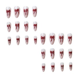 ZRETHFB 24Pcs Almond Shape Gel Bow Nails with Diamond Designs - Red, Full Cover, Press-On False Nails - 24pcs Set, 24pcs Jelly Glue, 1pcs Wood Stick, 1pcs Nail File