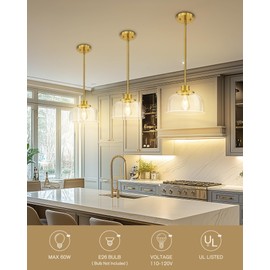 Emak 10 Inch Pendant Lights Kitchen Island, Brushed Gold Pendant Light Fixtures with Clear Glass Shade, Modern Island Lights for Kitchen, Dining Room, Bathroom, PL131-BGD-CG