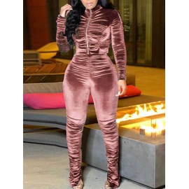 KANSOON Conjunto deportivo de 2 piezas para mujer, conjunto de chaqueta y pantalones de terciopelo fruncido de manga larga con cremallera, Rosado, M