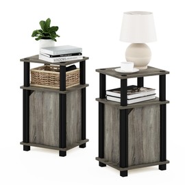 Furinno Brahms 3-Tier End Side Sofa Table/Nighstand with Door, 2-Pack, French Oak/Black
