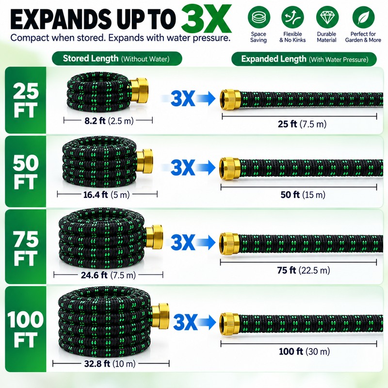 100FT Expandable Garden Hose with 10-Function Nozzle – Lightweight No-Kink