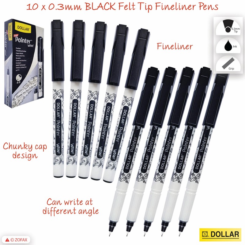 WOW Fineliner Pens Set, Fine Point (0.3mm), BLACK, Pack of