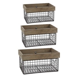 DII Farmhouse Wood Rimmed Wire Storage Basket Set, Assorted, Silver, 3 Piece