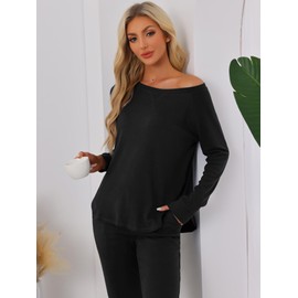 cheibear Womens Travel Sweatsuits 2 Piece Outfit Knit Fall Winter Long Sleeve Loungewear Set Black Small